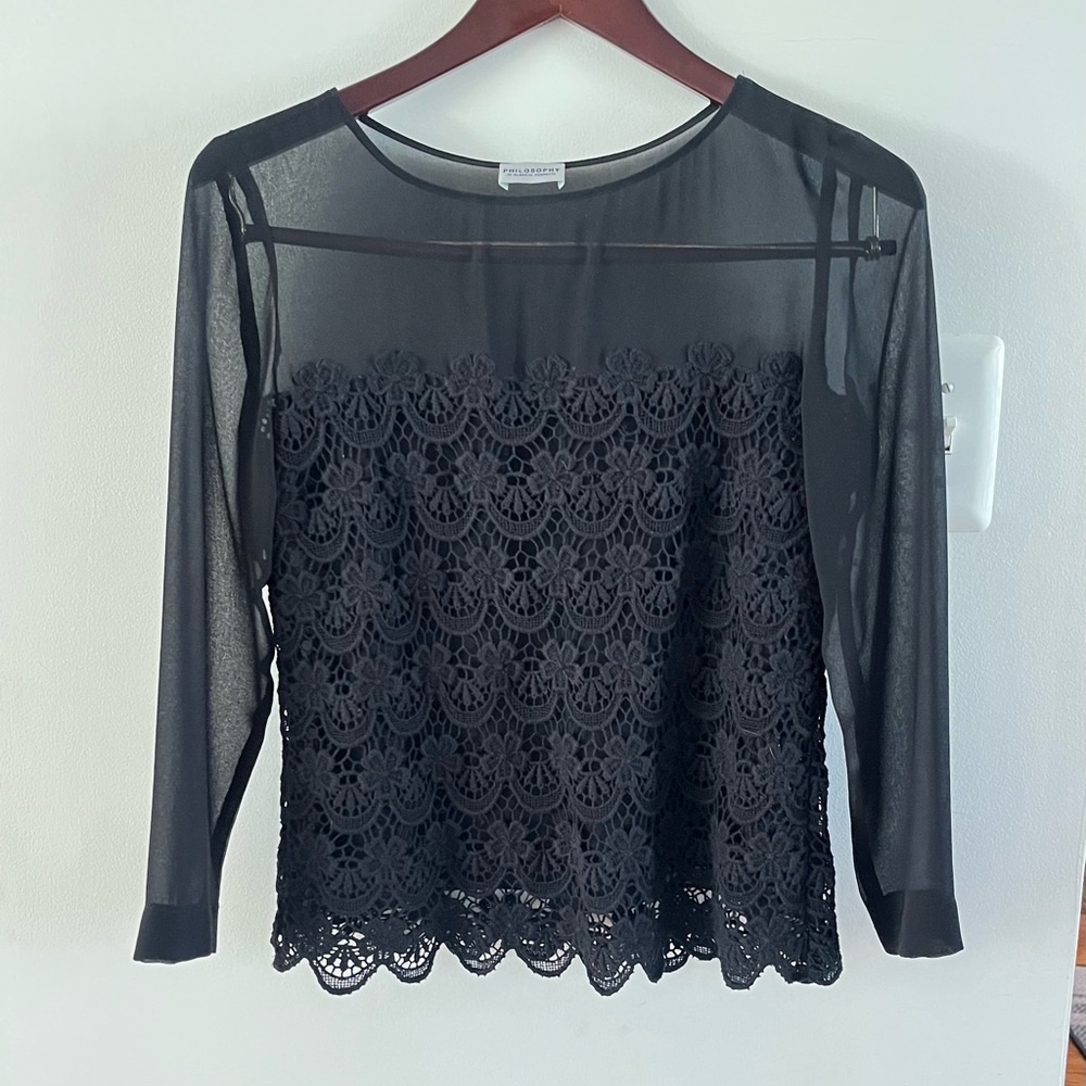 Philosophy di Alberta Ferretti Black Crochet Lace Sheer Mesh Blouse Top Size 4
